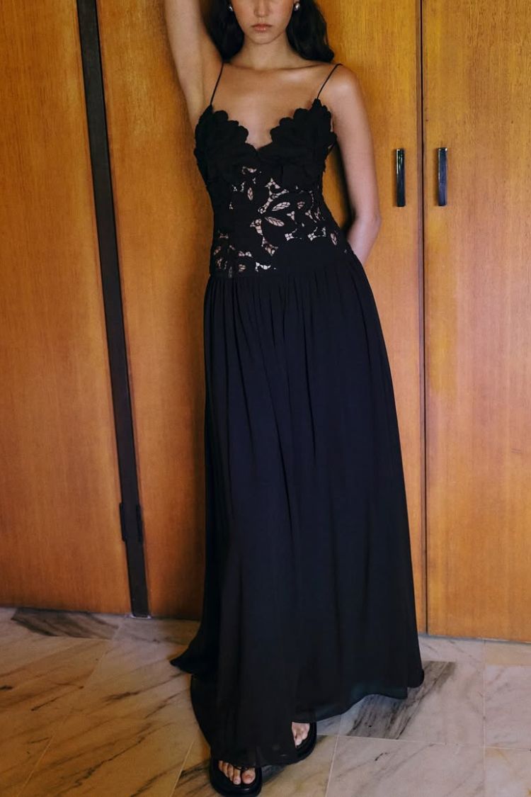 Stephanie Flower Crochet Lace Bust Chiffon Fluffy Hem Maxi Dress