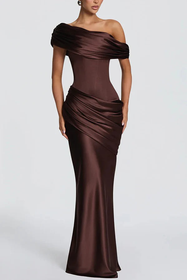 Ella Satin Detachable Asymmetric Off Shoulder Drape Panel Back Lace-up Maxi Dress