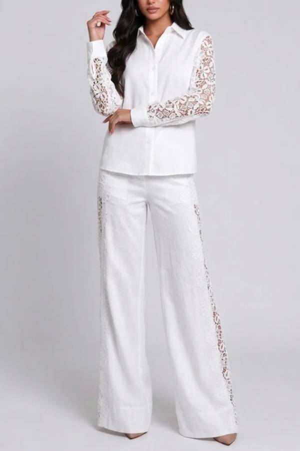 White Lace Panel Long Sleeve Shirt and Wide Leg Pants Two Piece Set