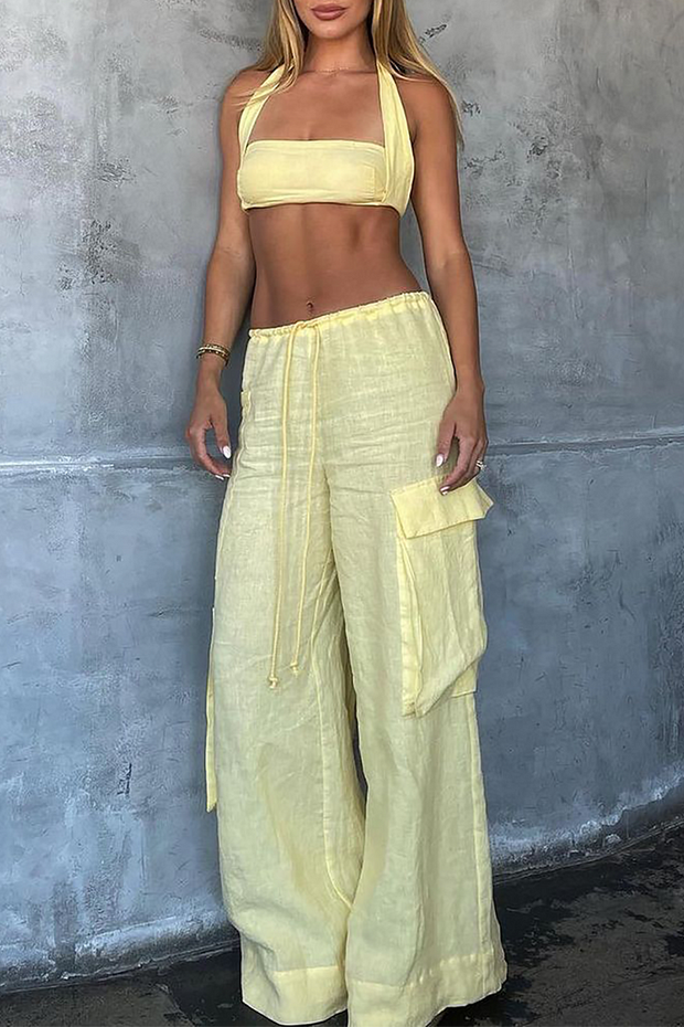 Halter Crop Top Oversize Pocket Wide Leg Pants Matching Set-Yellow [Pre Order]