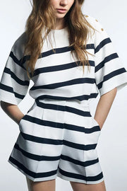 Logbook Stripe Button Shoulder T-Shirt and High-Rise Pocketed Loose Shorts Set