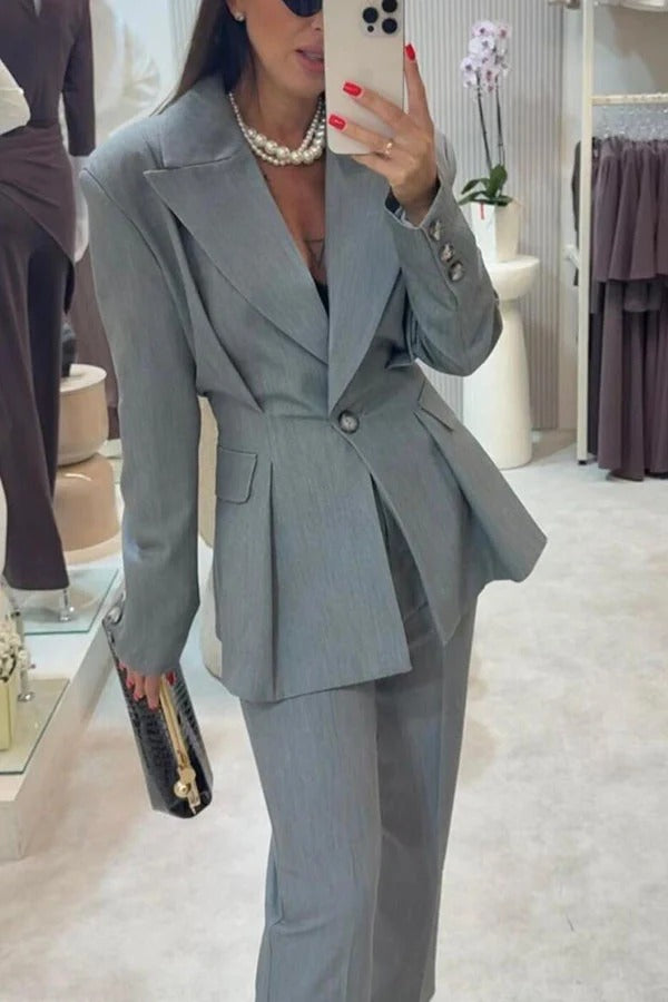 Business Elegance Button Long Sleeve Pocket Pleated Hem Lapel Blazer