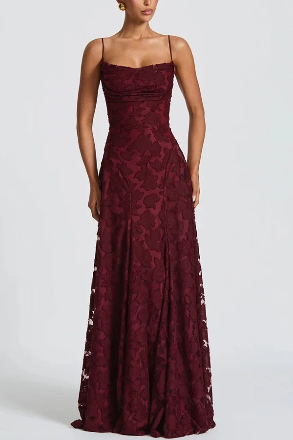 Francis Custom Floral Burnout Fabric Cowl Neck Back Lace-up Maxi Dress