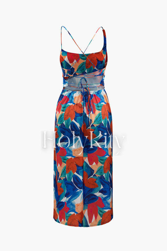 Midikleid mit Blumenmuster und überkreuzter Schnürung hinten 