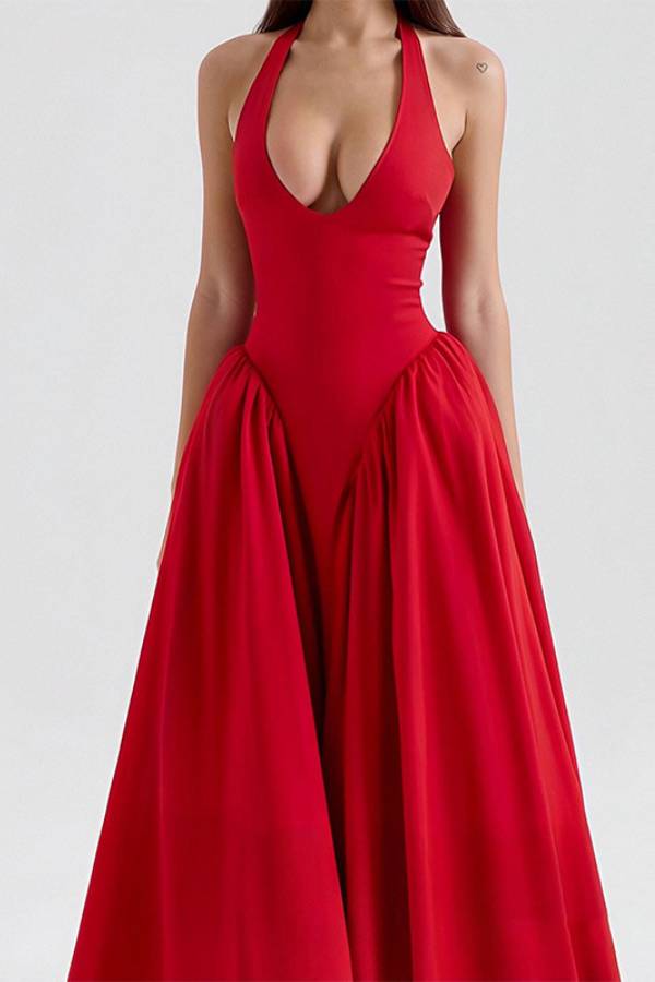 Halter Deep V Bodycon Panel Full Skirt Midi Dress