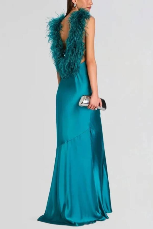 Teal Satin Feather Trim Halter Neck Sleeveless Evening Maxi Dress