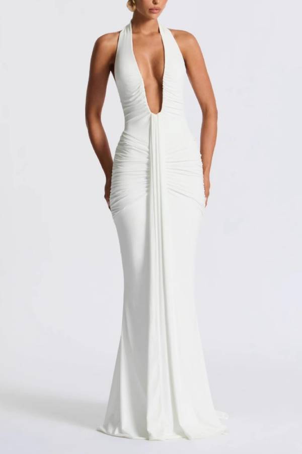 Halter Deep V Ruched Mermaid Evening Gown