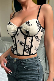 Cami V Neck Ruched Floral Print Backless Corset Top
