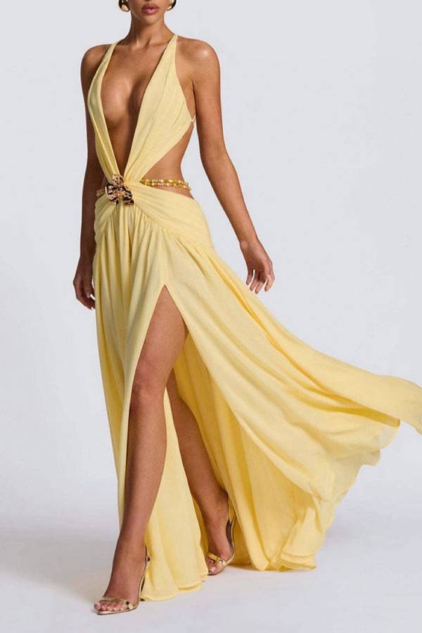 Deep V Cutout High Slit Chiffon Maxi Gown