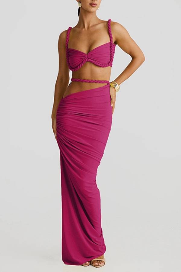 Braided Strap Twist Bandeau & Ruched Slit Maxi Skirt Two-Piece Set