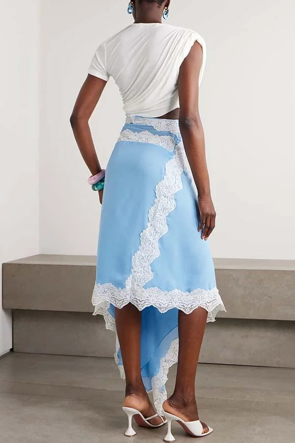 Verve Ribbed Jersey Cutout Waist Asymmetric Satin Lace Hem Maxi Dress
