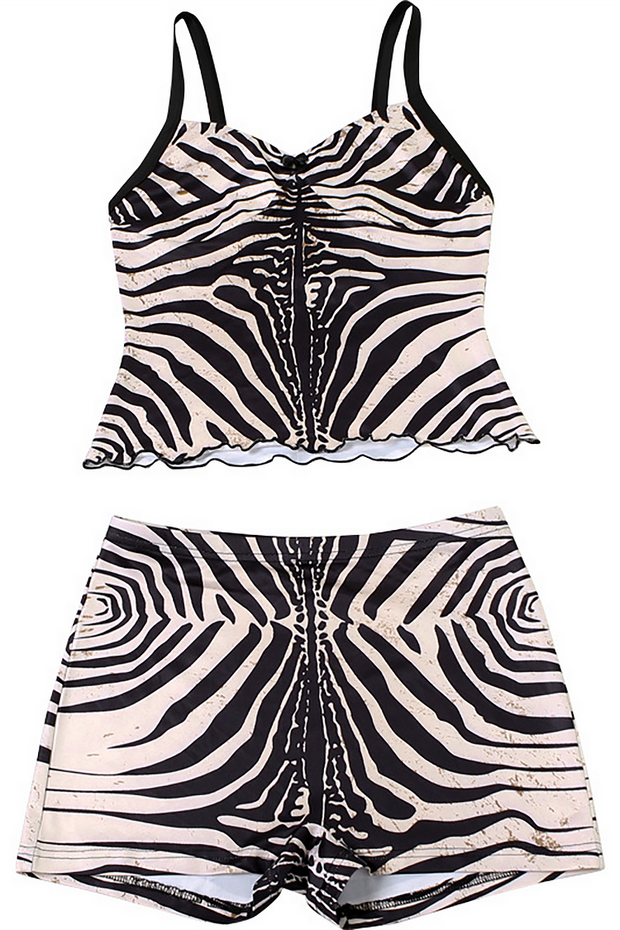 Zebra Print V Neck Cami Slim Fit Shorts Matching Set-Brown