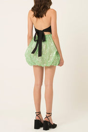 Sleeveless Halter Sequin Puff Hem Tie Up Backless Mini Dresses