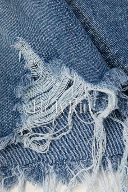 Jupe asymétrique en jean à ourlet effiloché 