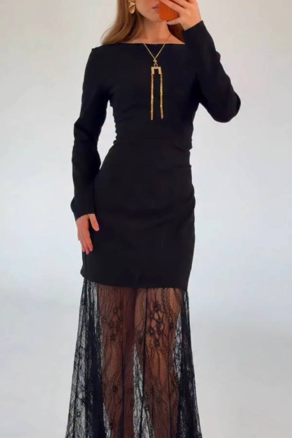 Black Long Sleeve Boat Neck Bodycon Maxi Dress with Sheer Lace Hem