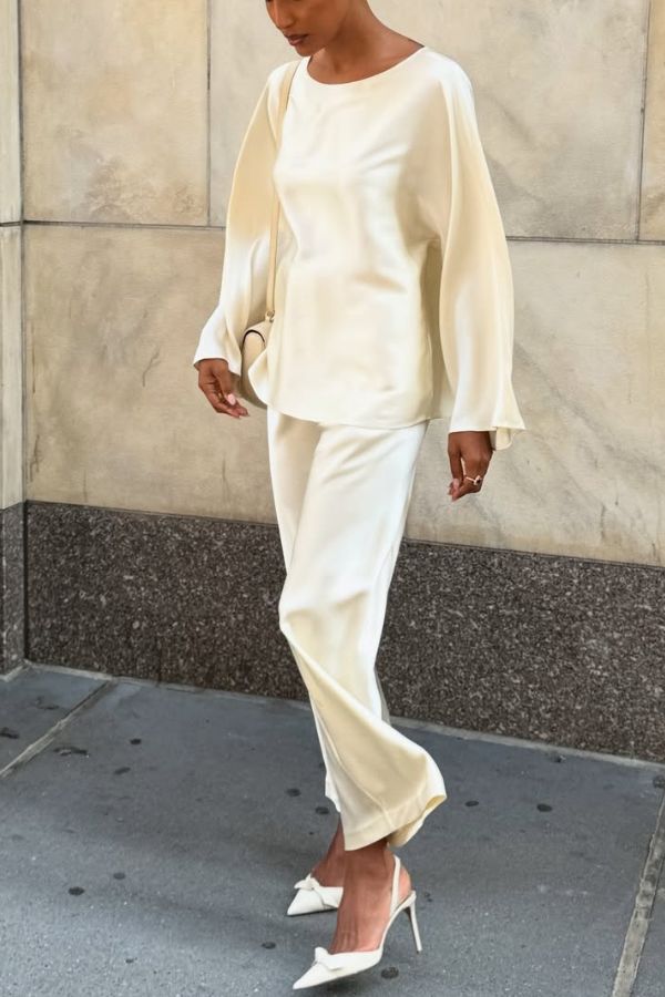 Silky and Elegant Satin Wide Neck Long Sleeve Loose Top and Elastic Waist Wide Leg Pants Set