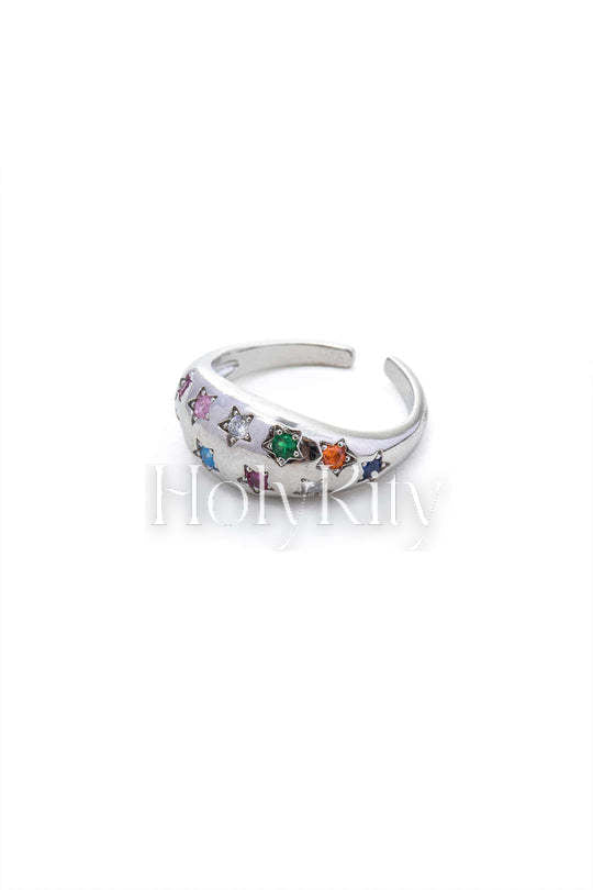 Bague ouverte en zircon étoiles colorées 