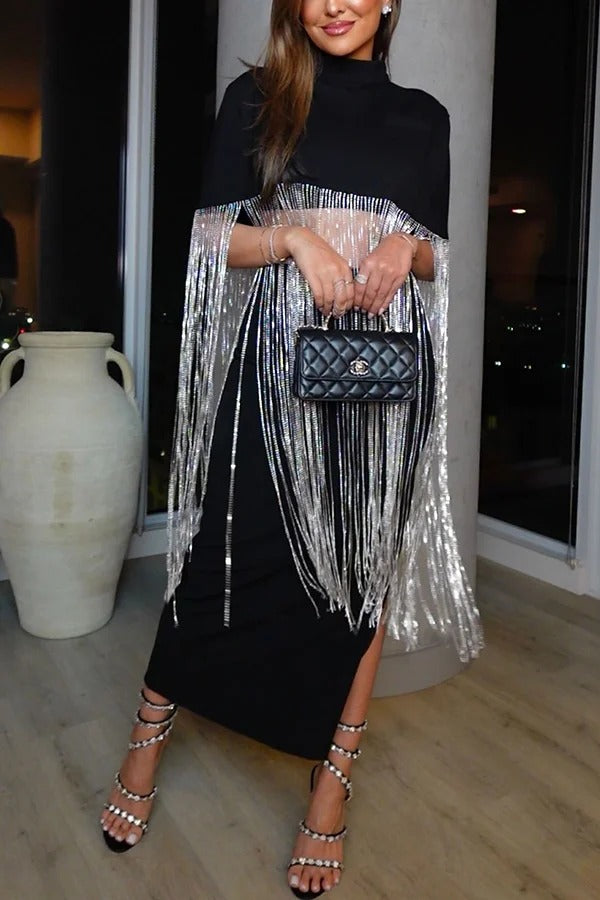 New Level Shiny Tassel Stand Neck Crop Cape Blouse