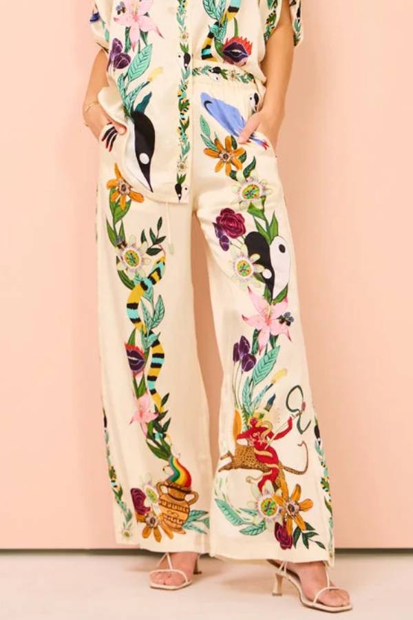 Claire Satin Unique Print Elastic Waist Pocketed Wide Leg Pants