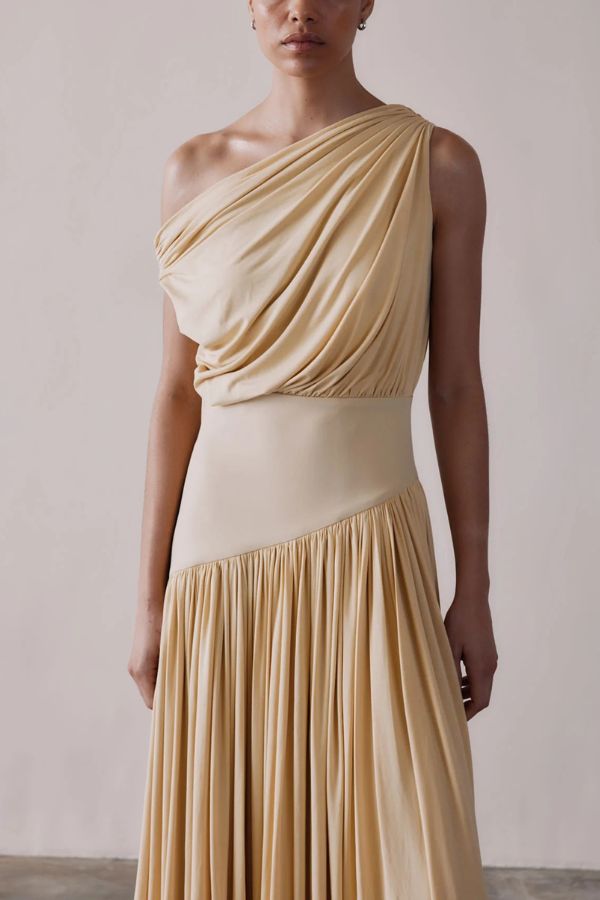 Gwen Soft Knit Fabric Off Shoulder Ruched Detail Drape Maxi Dress