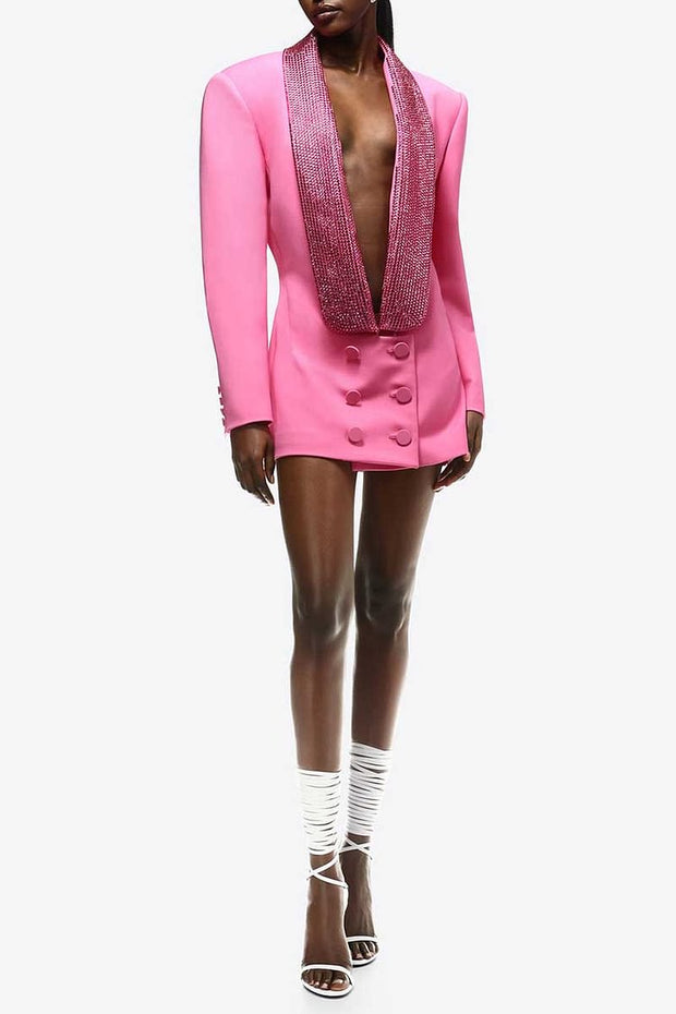 DEEP V NECK RHINESTONE DOUBLE BREASTED LONG SLEEVE BLAZER MINI DRESSES
