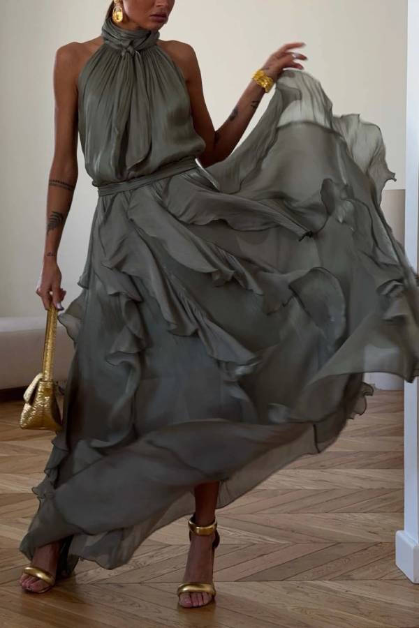 Halter Tie‑Up Ruffled Shiny Evening Maxi Dress