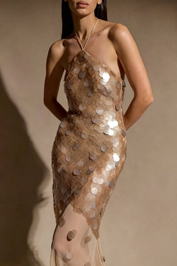 Jenny Hand Sequin Embellished Halter Tulle Hem Maxi Dress