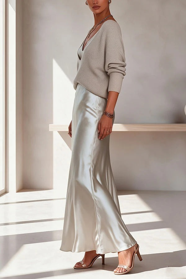 Velma Ribbed Knit V-neck Long Sleeve Relaxed Sweater and Satin Slip Midi Dress