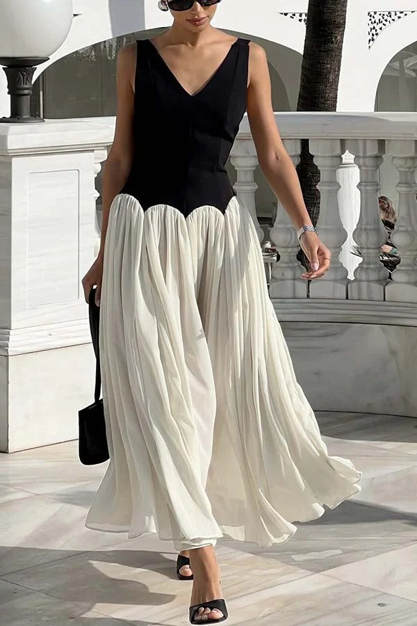 Flowing Elegant V-neck Chiffon Pleated Hem Two-tone Maxi Dress