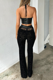 Cutout Cross Halter Neck Backless Jacquard Jumpsuit-Black [Pre Order]