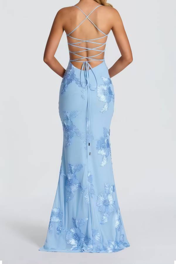 3D Floral Embroidered Lace-Up Backless Mermaid Evening Gown