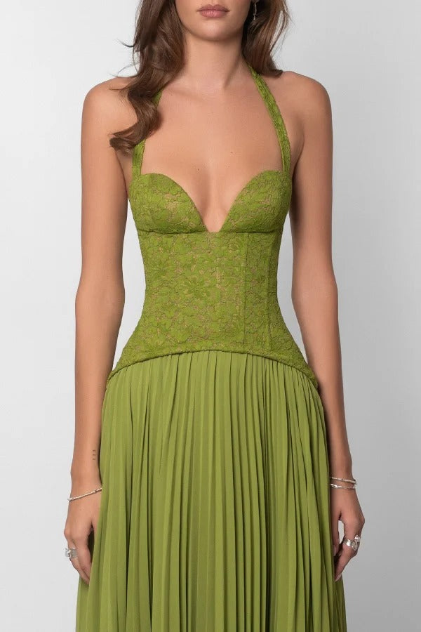 Elegant Lace Patchwork Halter Neck Tie Backless Pleated Maxi Dress