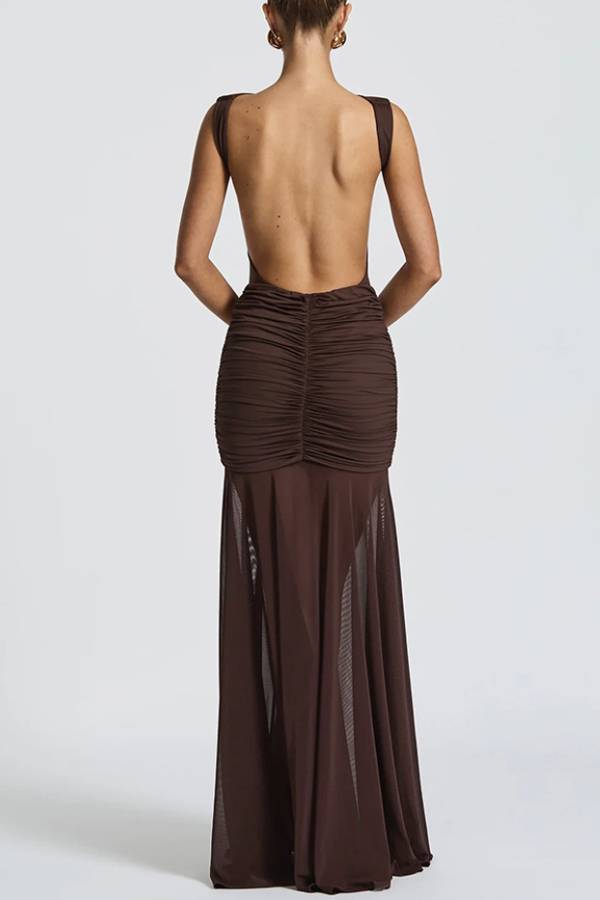 Boat Neck Open Back Metallic Flower Ruched Mesh Mermaid Maxi Gown
