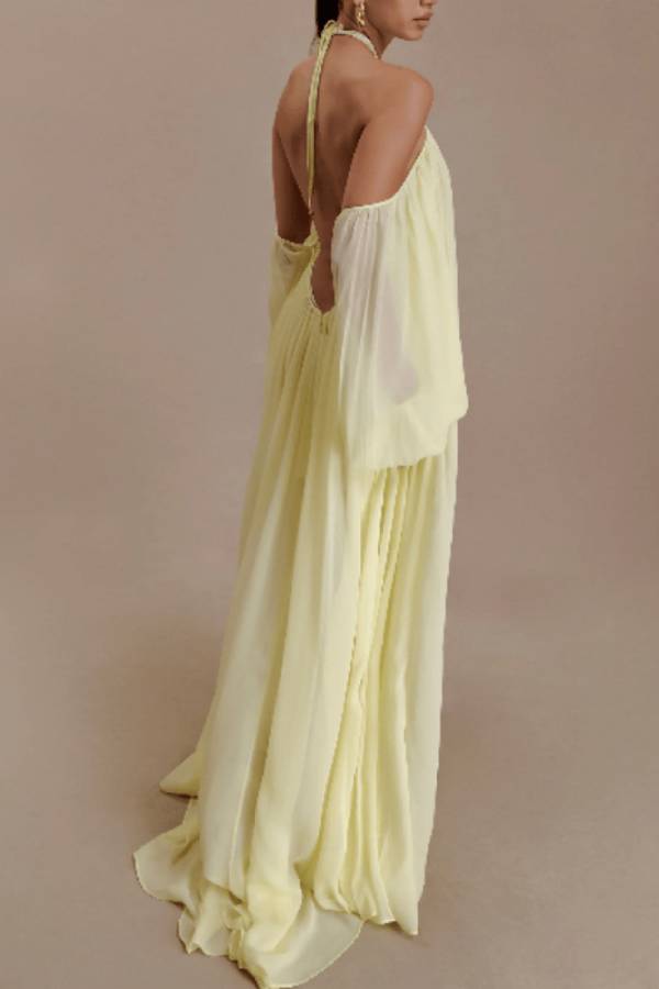 Halter Off‑Shoulder Open‑Back Chiffon Floor‑Length Evening Gown