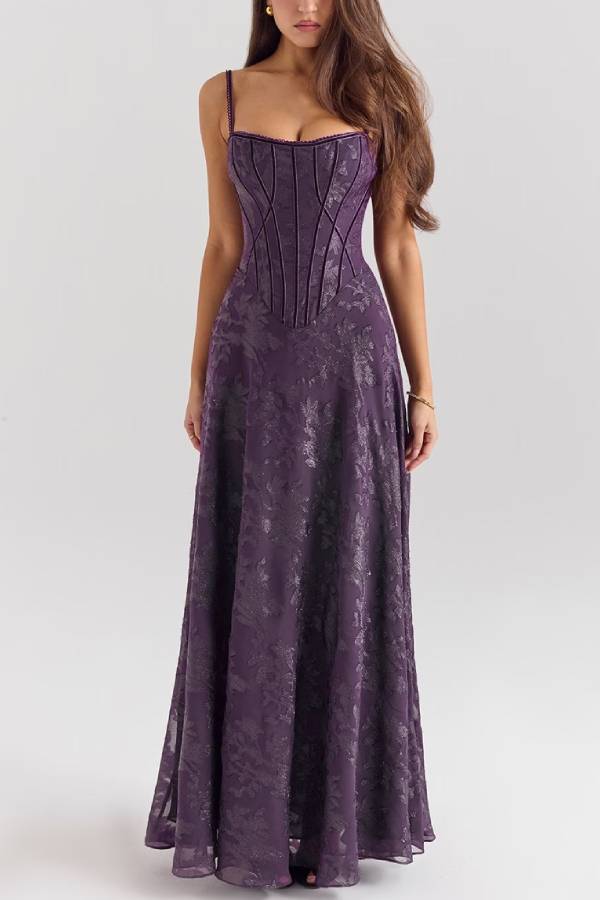 Jacquard Corset-Waist A-Line Maxi Dress