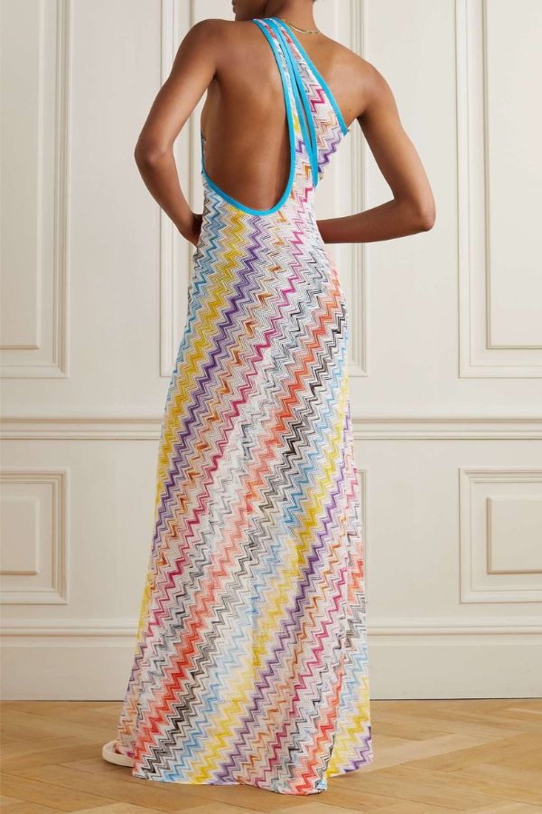 Ivanie Knit Colorful Zigzag Pattern One Shoulder Cutout Slit Maxi Dress