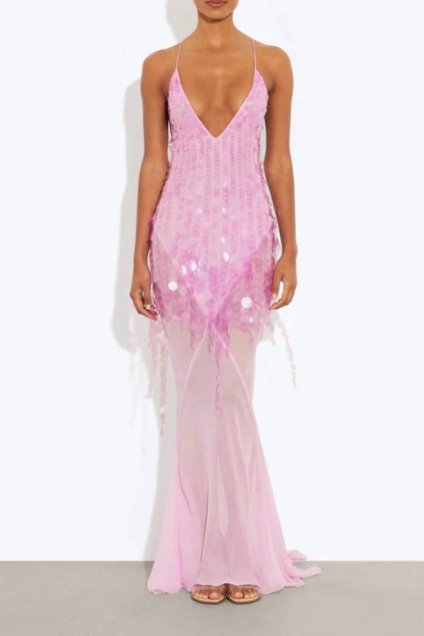 Deep V Neck Sequins Fishtail Hem Backless Gowns Slip Maxi Dresses-Yellow