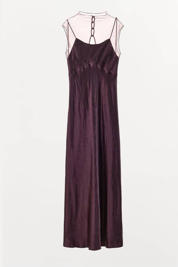 Mock Neck Sheer Mesh Overlay Satin Thin Strap Maxi Slip Dress