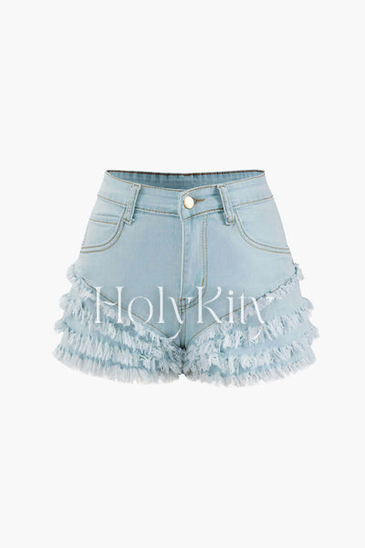 Tiered Frayed Denim Shorts