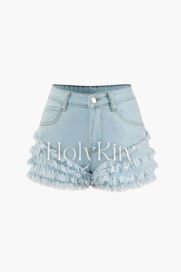 Tiered Frayed Denim Shorts