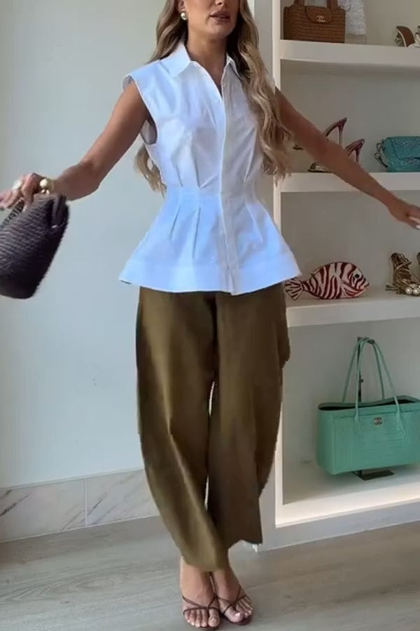 Devon Lapel Button Up Sleeveless Pleated Waist Flare Hem Shirt