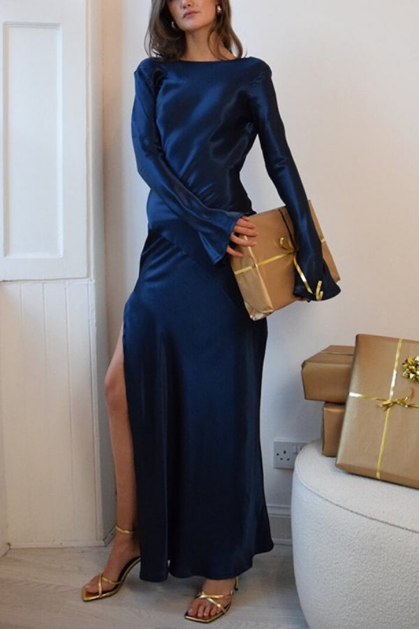 Satin Elegant Long-sleeved Open-back Slim-fit Slit Maxi Dress