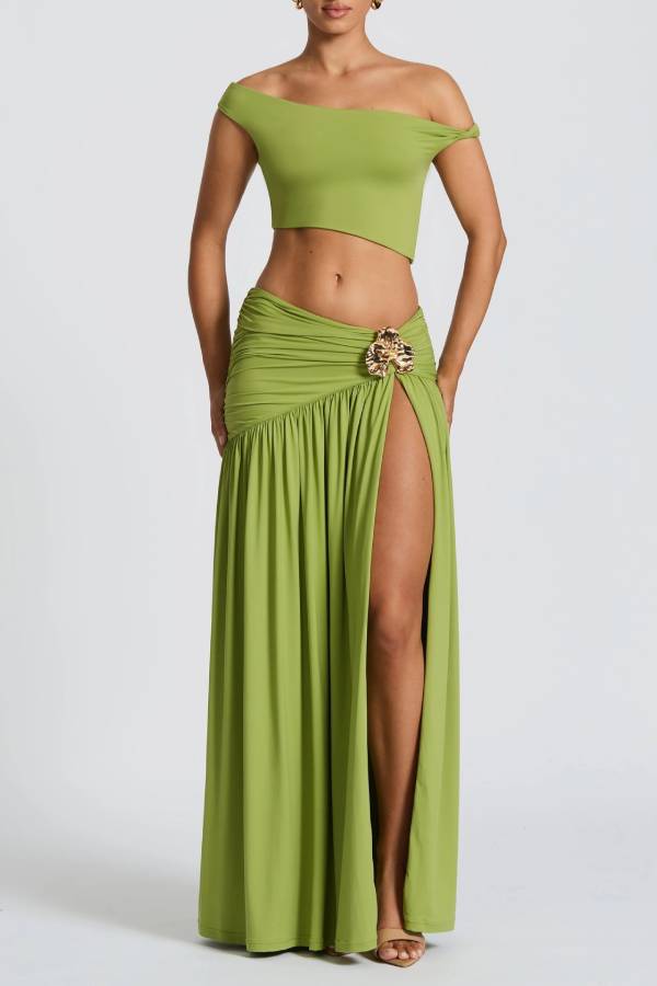 Off-shoulder Metallic Flower Ruched High-Slit Maxi Two-Piece Set