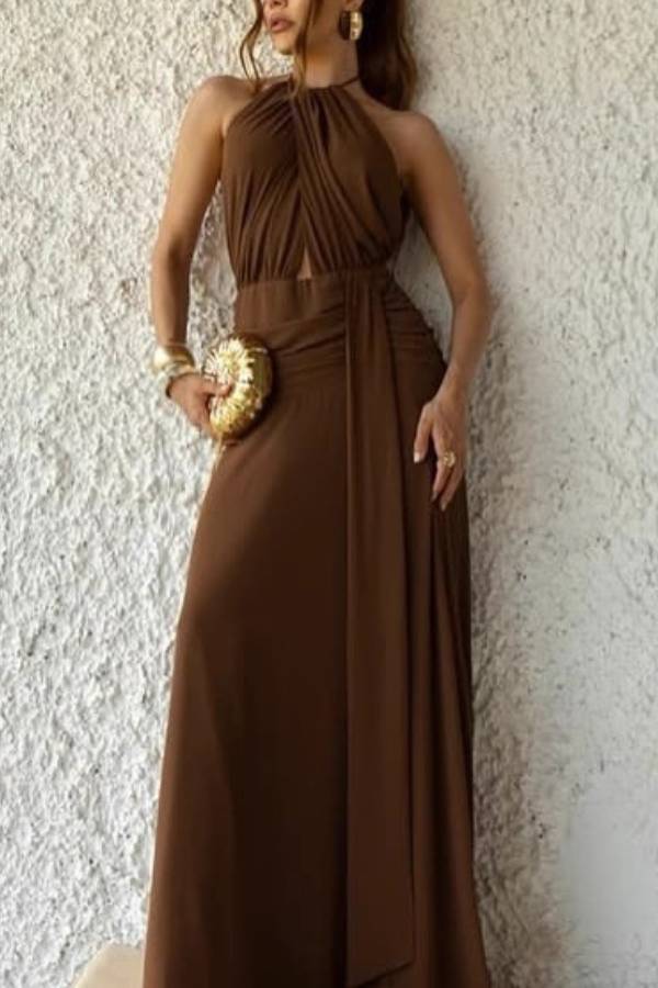 Halter Neck Twist Knot Cutout Backless Draped Maxi Dress