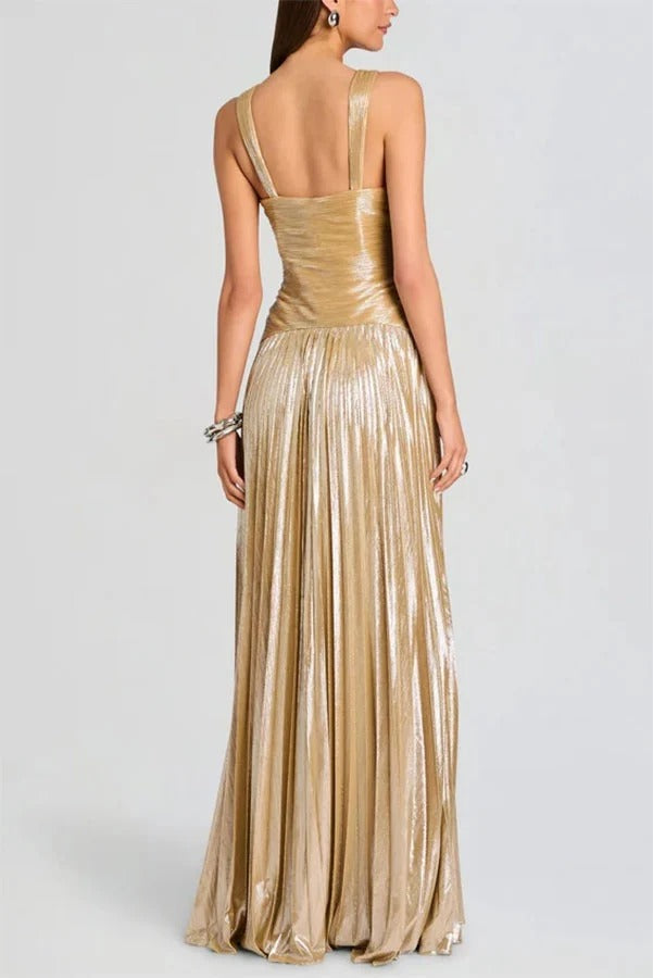 Solace Pleated Metallic Fabric Halter Neck Cutout Flowy Maxi Dress