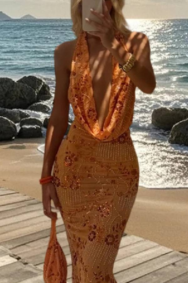 Halter Cowl Neck Rhinestone Floral Mermaid Maxi Dress