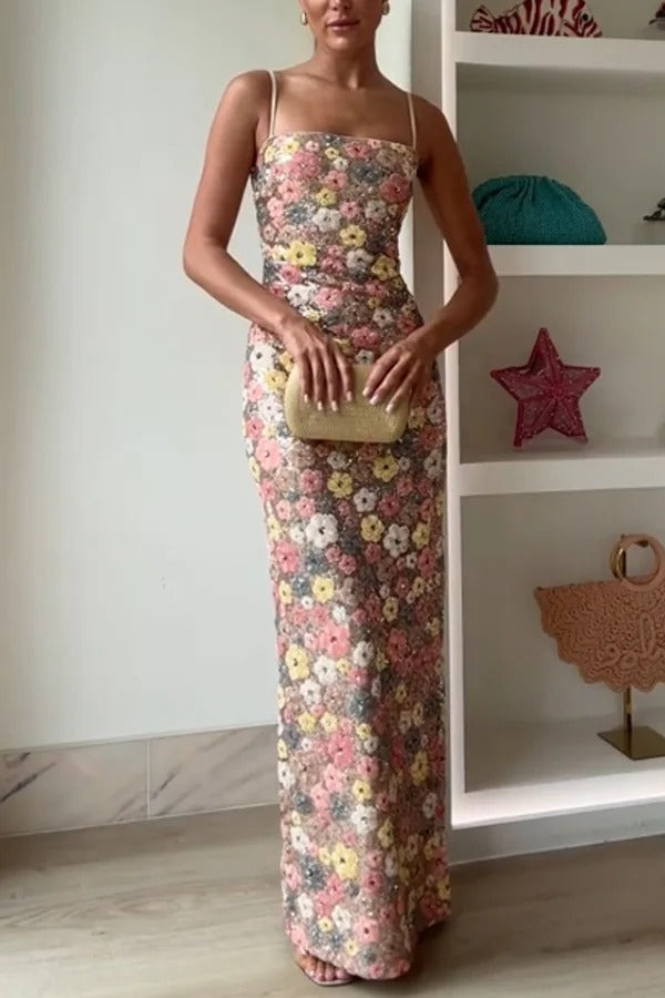80's Inspired Floral Print Sequin Square Neck Slip Stretch Maxi Dress