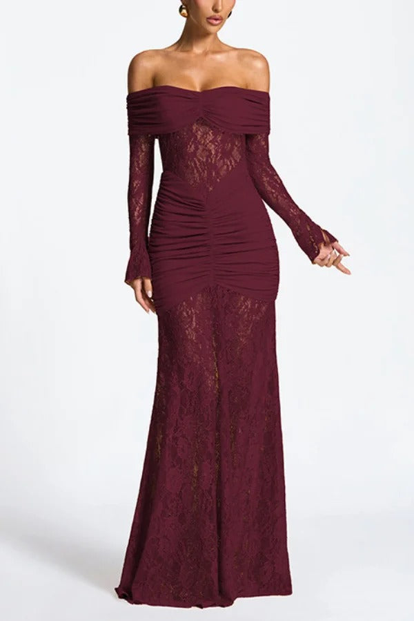 Solid Color Patchwork Lace Off-shoulder Long-sleeved Pleated Slim-fit Maxi Dress