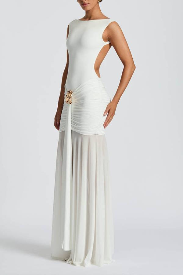 Boat Neck Open Back Metallic Flower Ruched Mesh Mermaid Maxi Gown