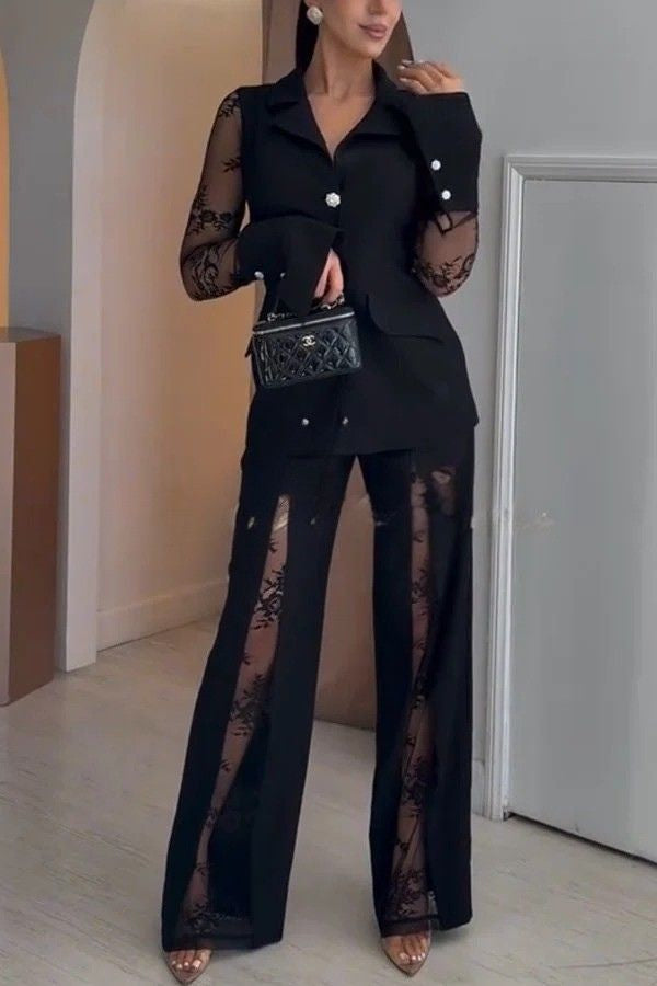 Ninah Lace Patchwork Long Sleeve Diamond Button Pocket Lapel Blazer